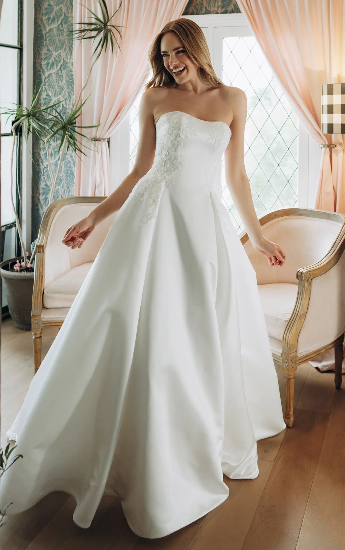 Strapless Lace and Grand Satin A-Line Wedding Gown with Scalloped Cutout Train