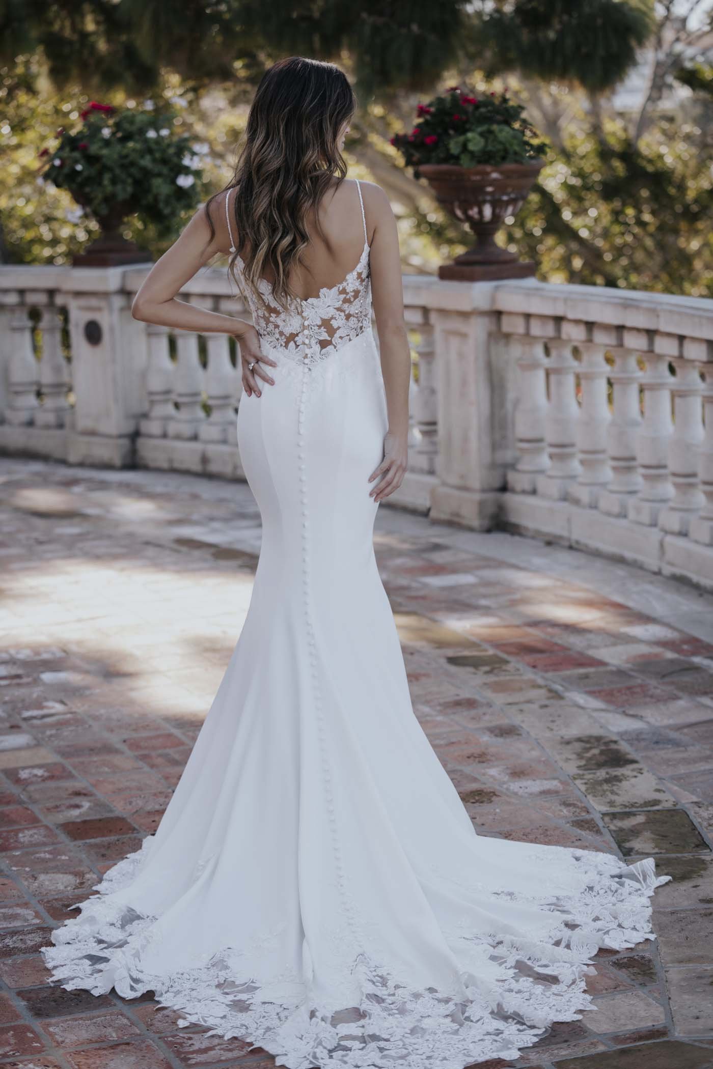 Scoop Neck Crepe Wedding Dress with Cutout Lace Train