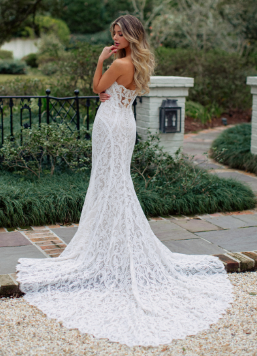 Wilderly Bride Frankie F262 strapless sheath wedding dress with scrolled lacework
