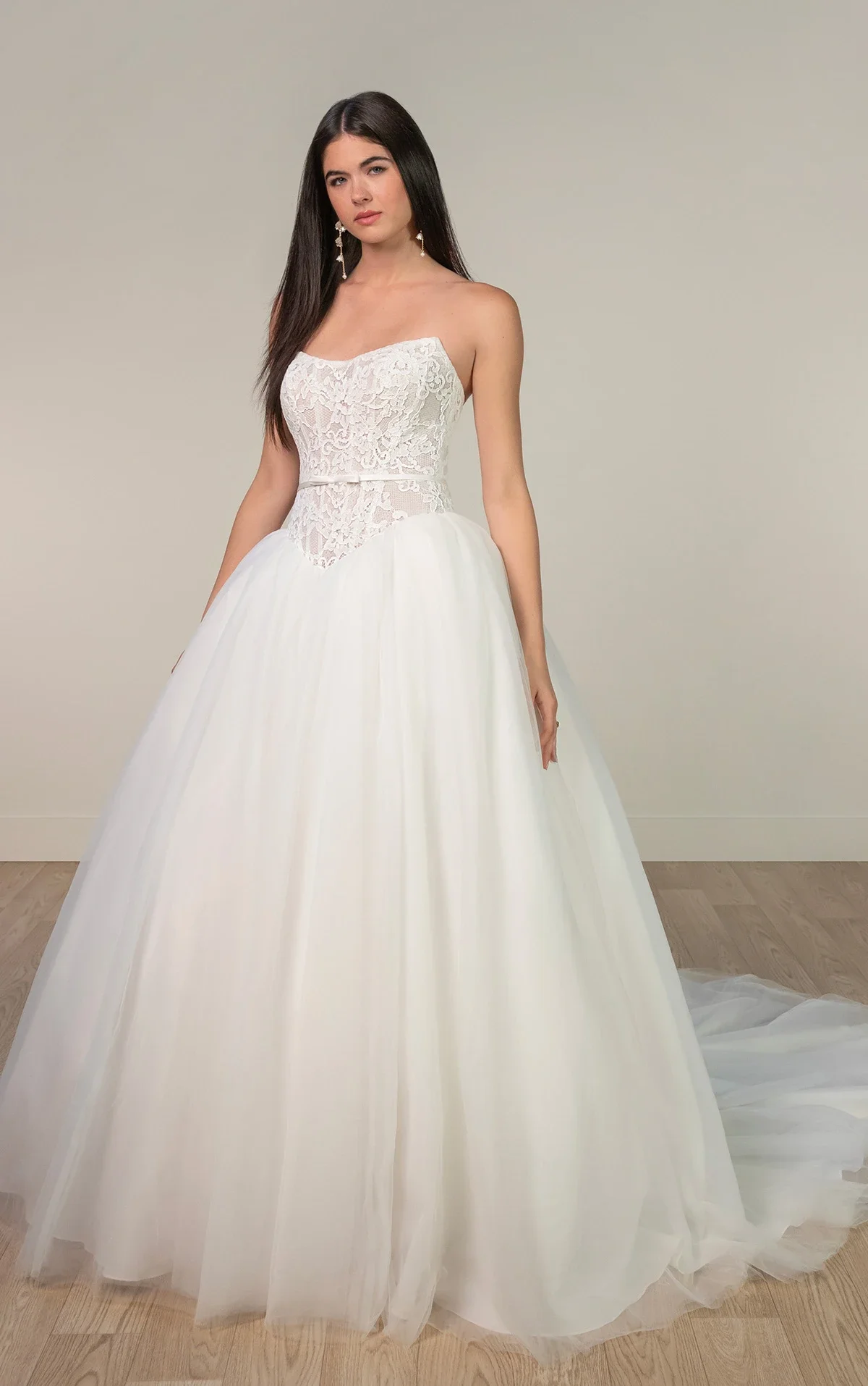 Strapless Lace Ballgown Wedding Dress with Detachable Velvet Bow