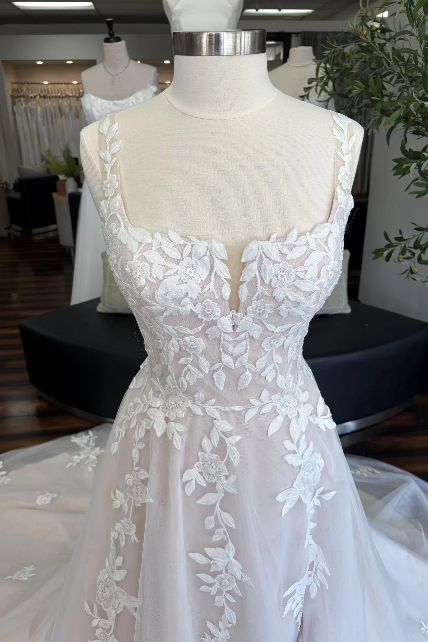 Square Neck A-Line Wedding Dress with Lace Appliques