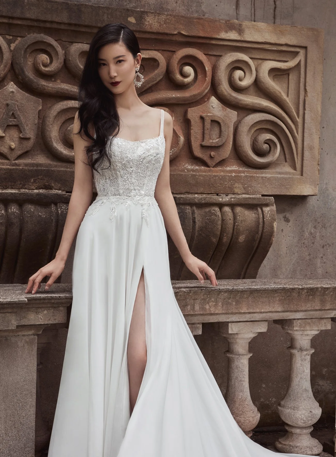Calla Blanche 121111 Dionne square neck A-line wedding dress with beaded lace bodice, chiffon skirt and high slit in Ivory/Ivory Illusion