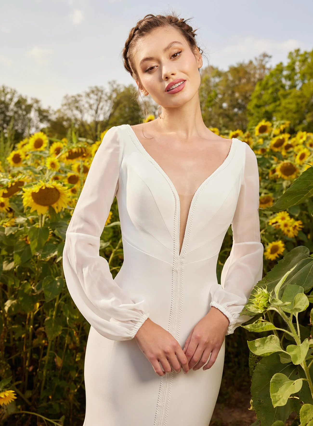 La Perle Skylar - LP2207 Sheath wedding gown with V-Neck neckline in Chiffon, bridal sample size 10 available at Olive and Ivory Bride Sacramento