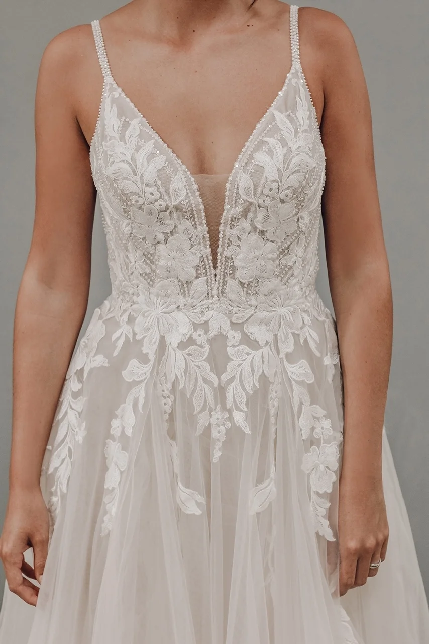 Private Label L597 nude and champagne lace and tulle wedding dress with layered multi-tone skirt