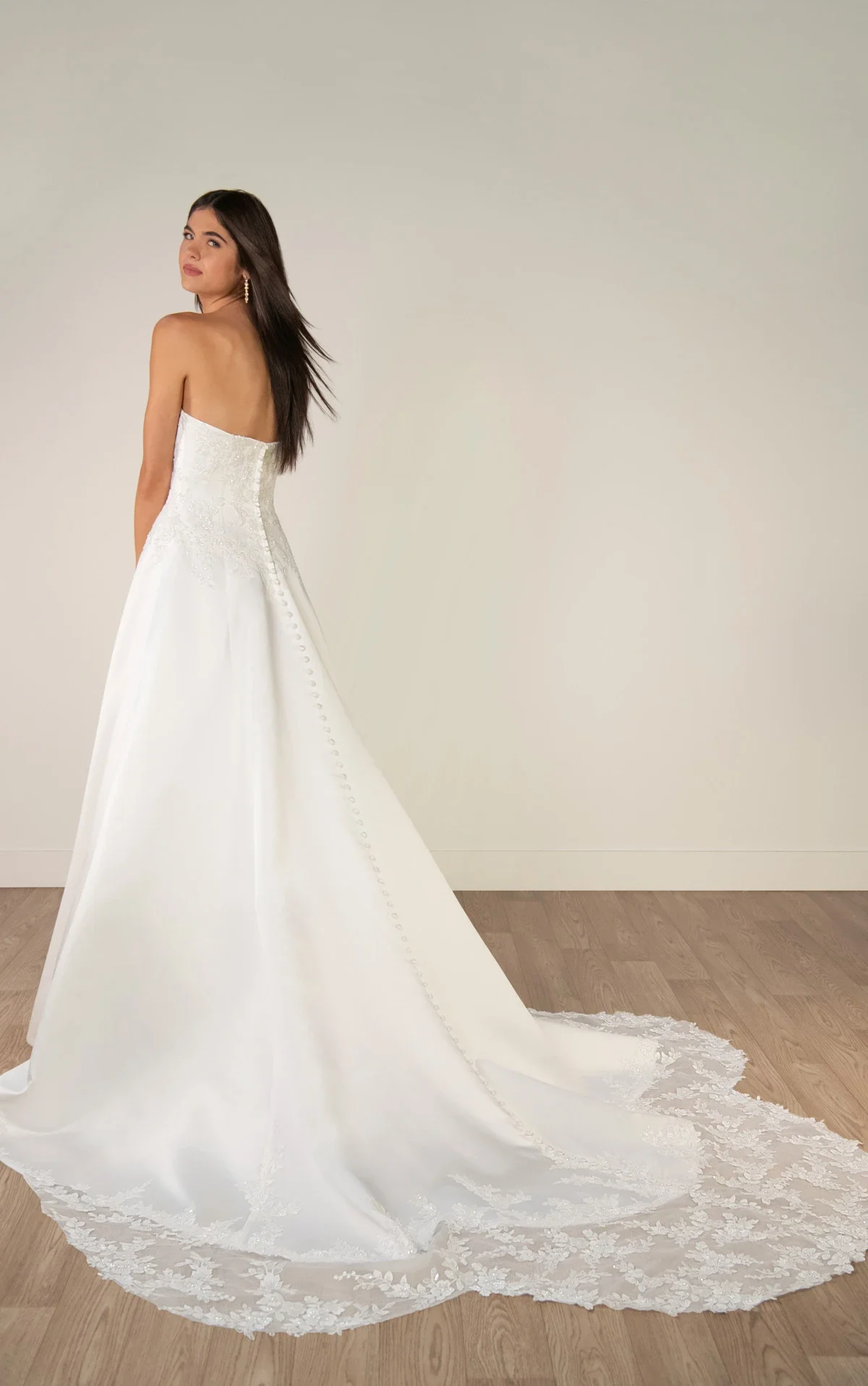 Strapless Lace and Grand Satin A-Line Wedding Gown with Scalloped Cutout Train