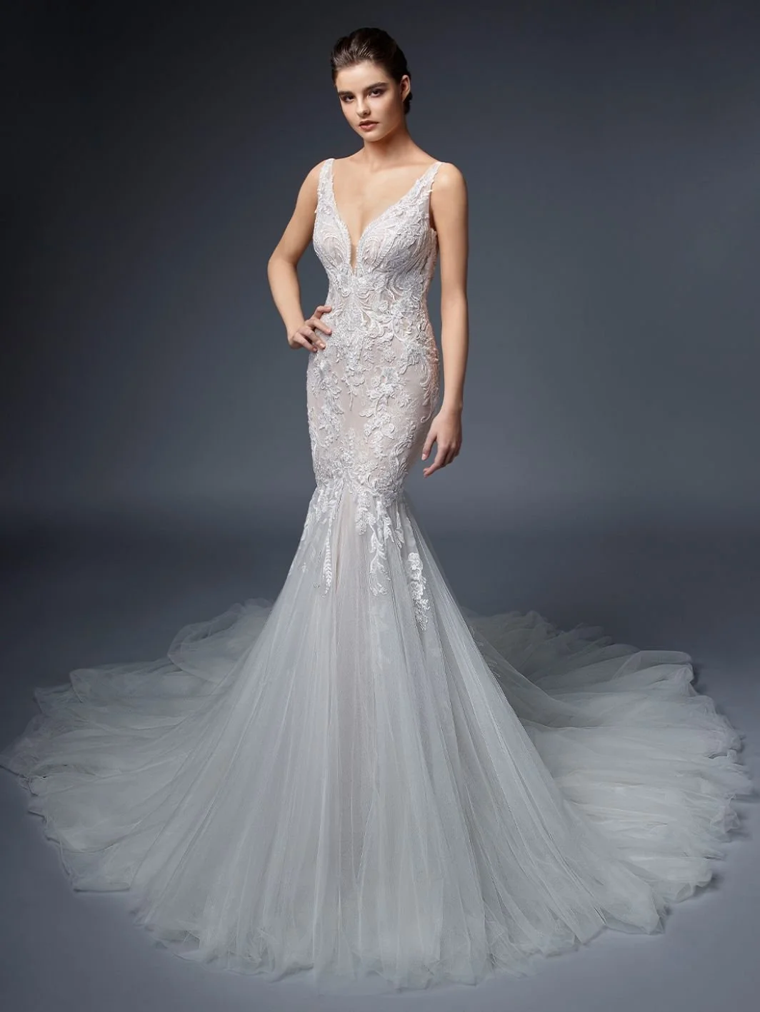 Elysse Charlotte sparkling floral embroidered lace fit and flare wedding gown over Chantilly lace