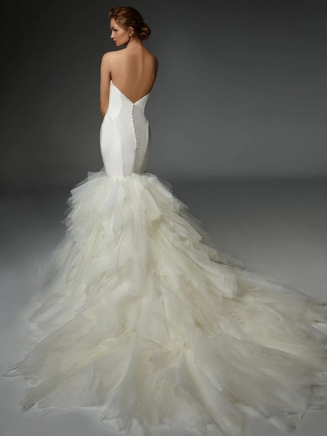 Elysee Zephyrine Mermaid wedding gown in Tulle, bridal sample size 16 available at Olive and Ivory Bride Sacramento