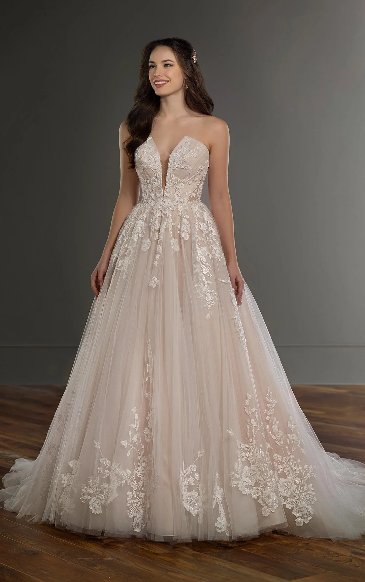 Martina Liana 1154 boho ballgown with cat-eye neckline, floral lace appliqué, and exposed boning back