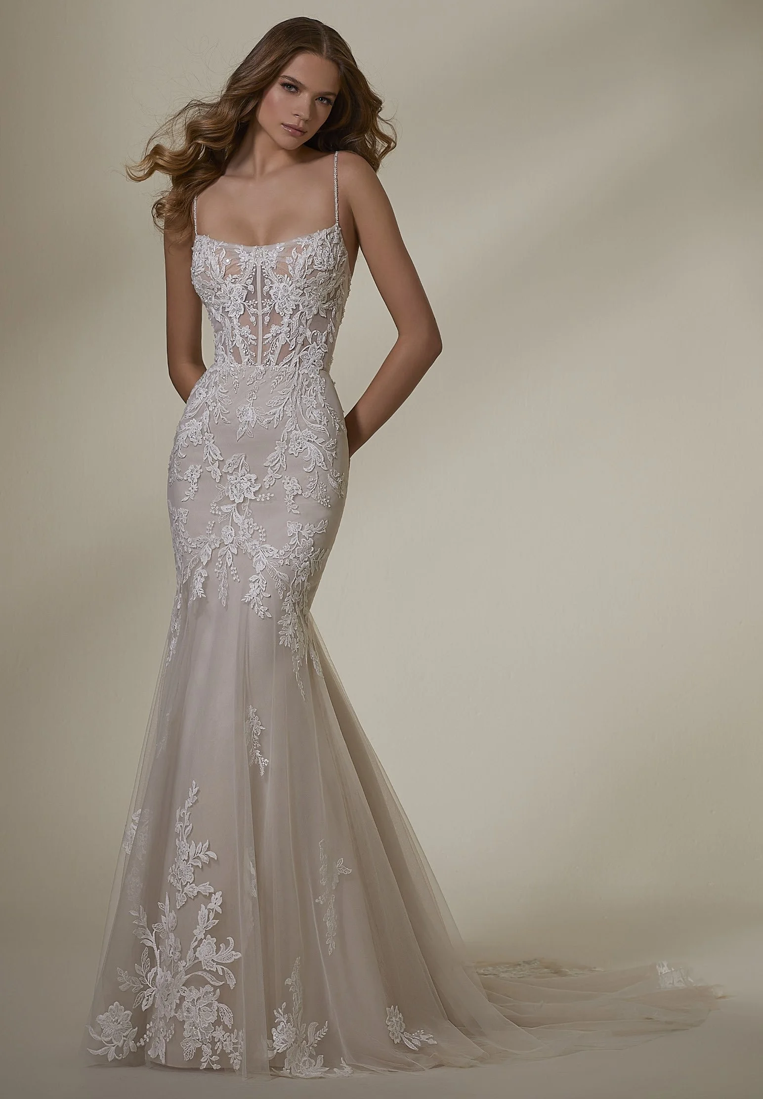 Mori Lee Miley 2534 fit and flare wedding gown with sheer corset bodice, crystal beaded lace and illusion back