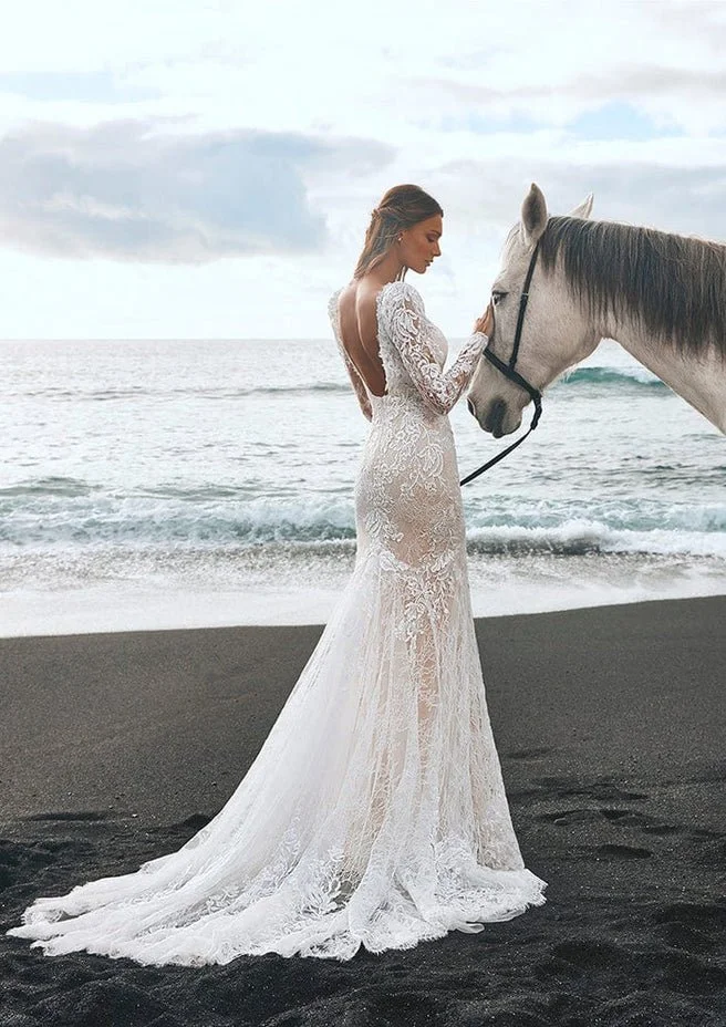 Pronovias Panjin Chantilly lace mermaid wedding gown with boat neck and long sleeves