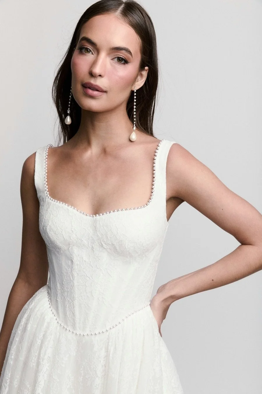 Locket Clover ball gown wedding dress with square neckline, drop waist, and pearl-accented Caterina lace