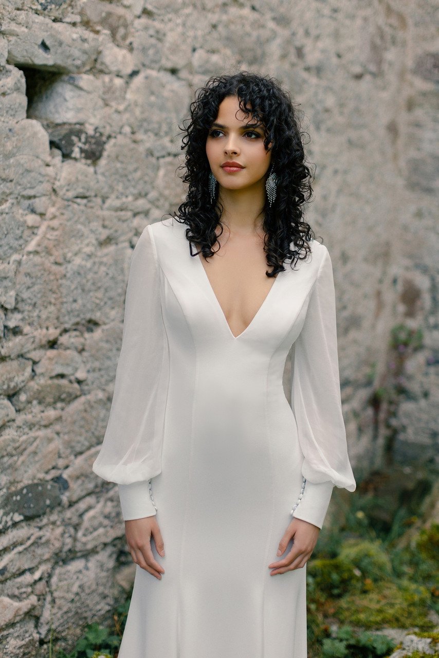 Wilderly Dolly - F283 Bridal wedding gown with V-Neck neckline in Chiffon, bridal sample size 10 available at Olive and Ivory Bride Sacramento