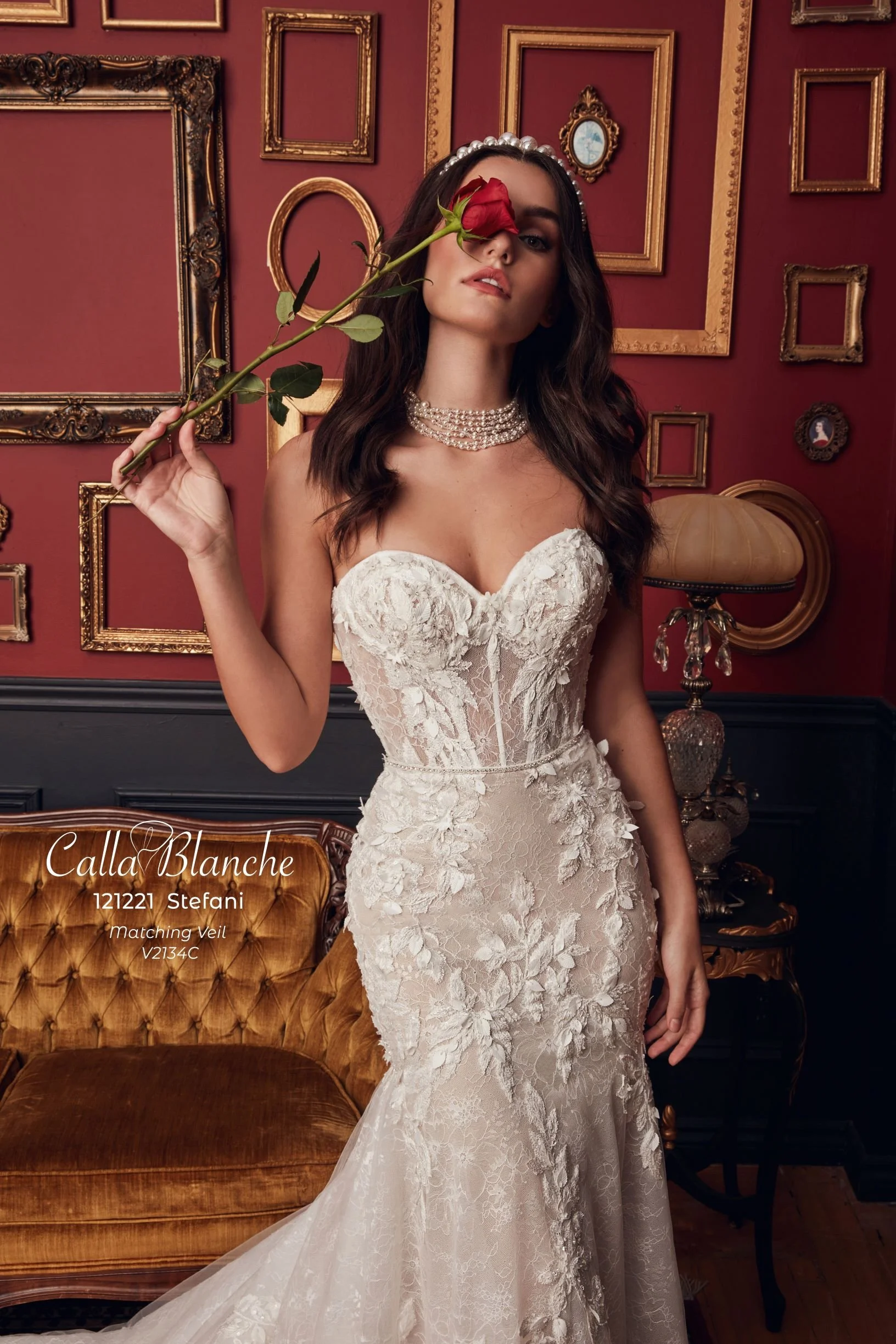 Calla Blanche Stefani 121221 sheath wedding dress with sweetheart neckline, 3D floral lace, and detachable off-shoulder straps