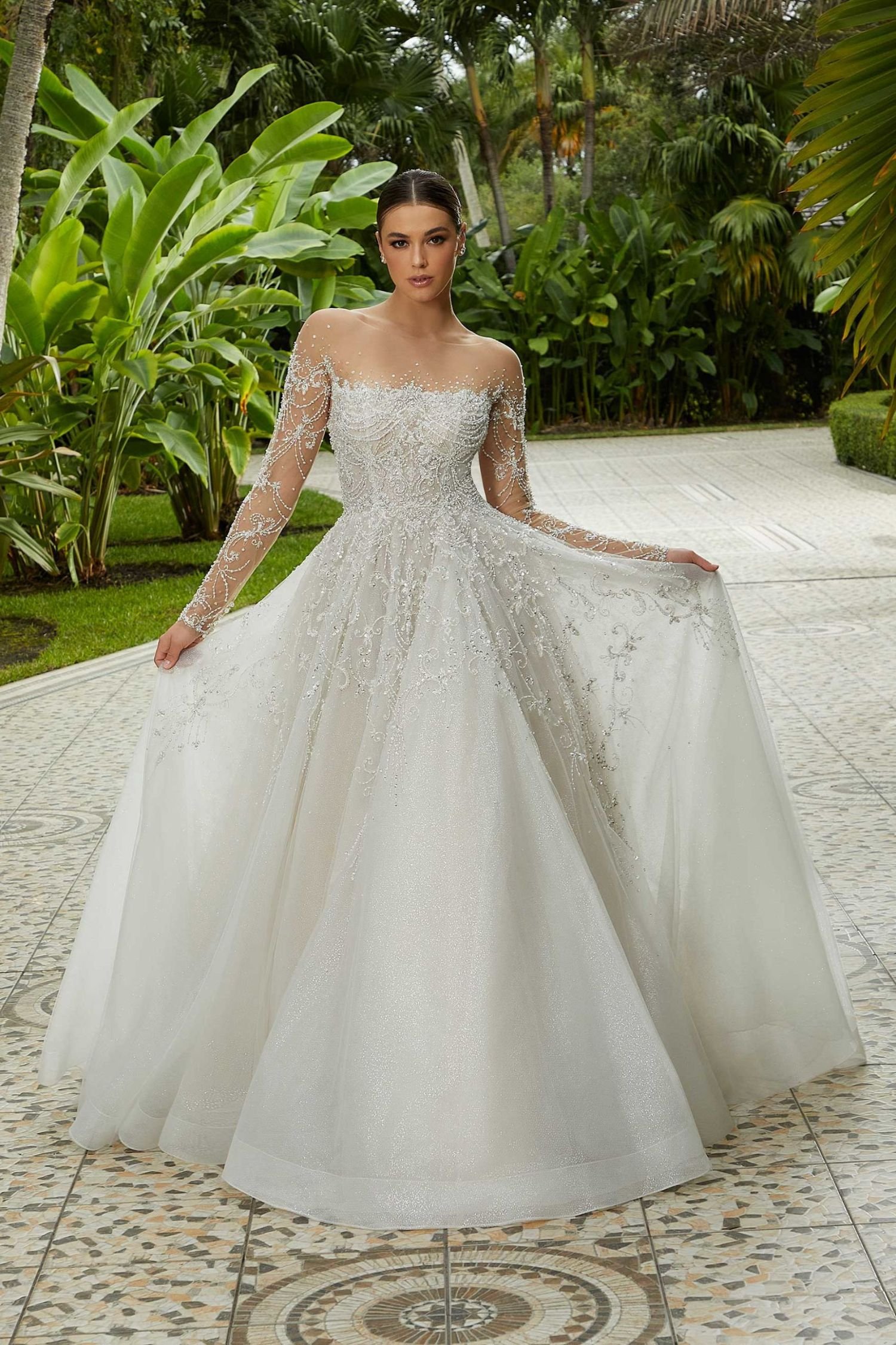 Lace Tulle Ball Gown Wedding Dress with Long Sleeve