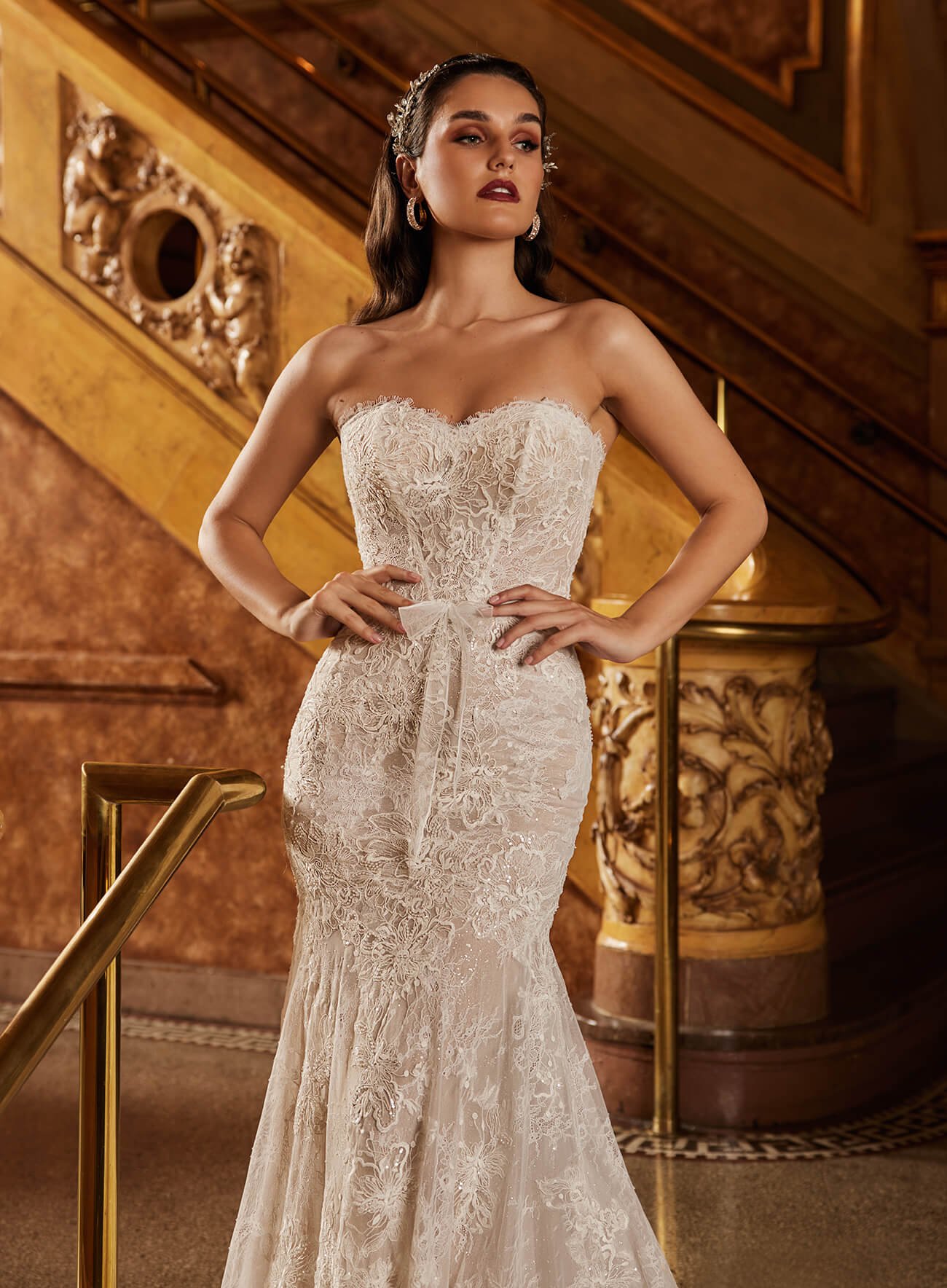 Calla Blanche Mona 1122113 strapless sweetheart sheath wedding dress with full floral lace and detachable sleeves