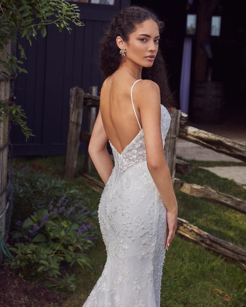 Fitted Beaded Wedding Dress with Open Back and Sheath Silhouette