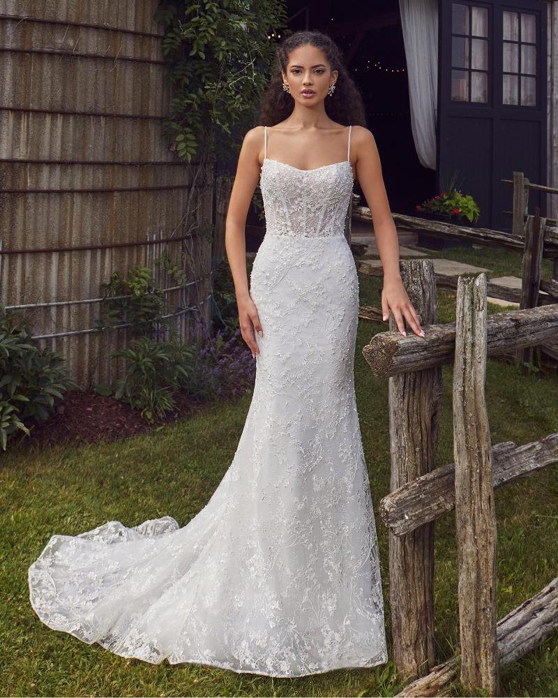 Fitted Beaded Wedding Dress with Open Back and Sheath Silhouette