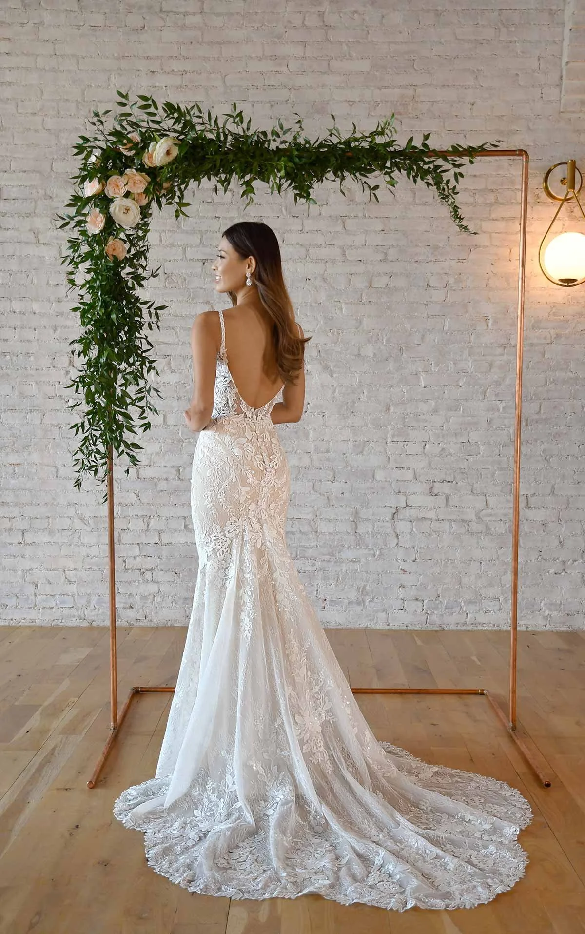 Stella York 7370CR head-to-toe floral lace fit and flare wedding dress with V-neckline and open back
