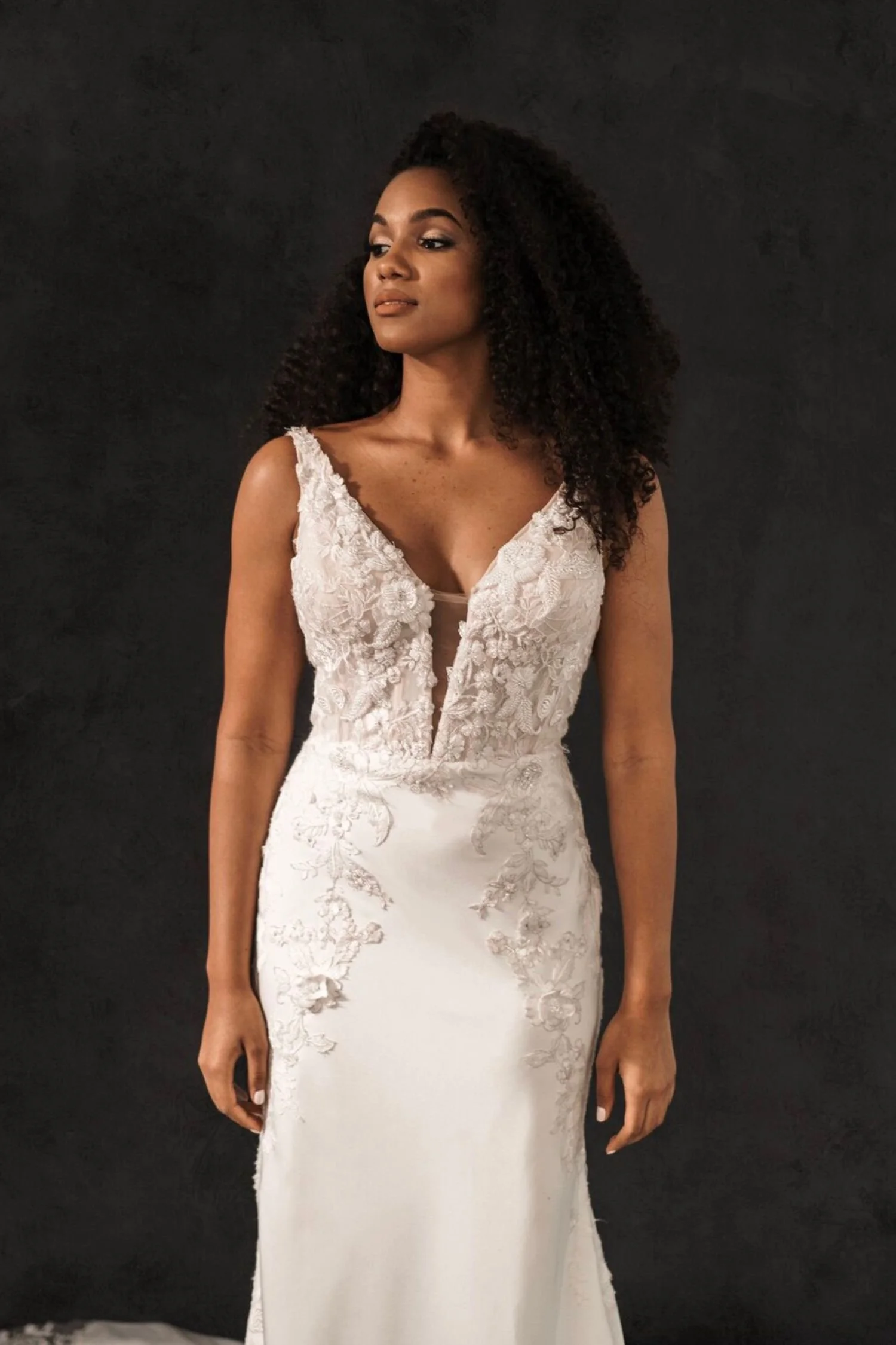 Lace Satin Sheath Wedding Dress with Plunge V-Neck