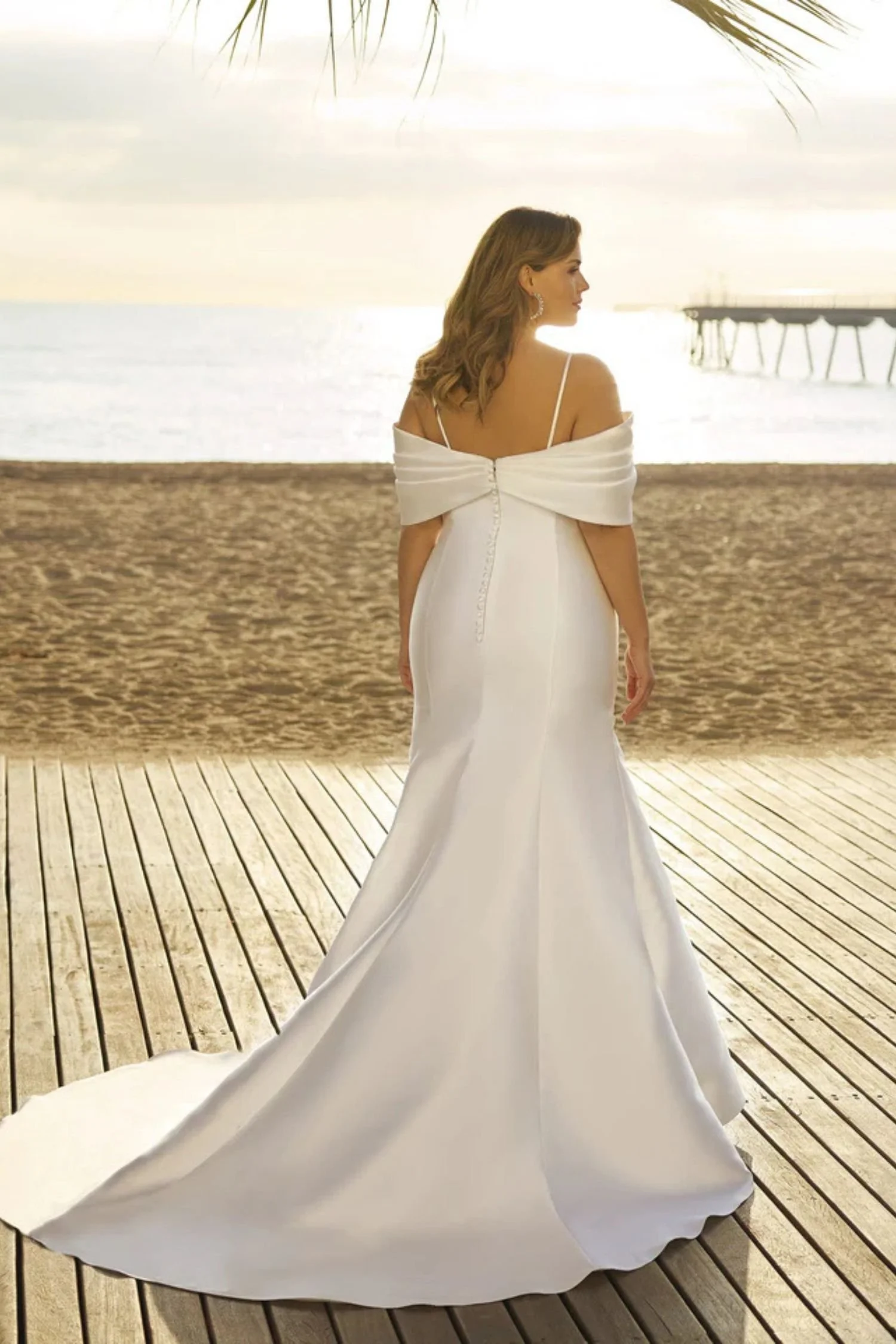 Satin Mermaid Plus Size Wedding Dress with Off the Shoulder Sleeves