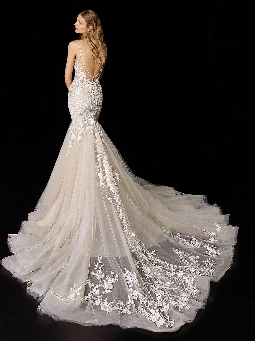 Enzoani Perla beaded floral and linear lace mermaid wedding gown with organza skirt