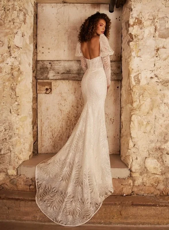 La Perle Martha LP2251 strapless boho beaded lace sheath wedding dress with removable sleeves