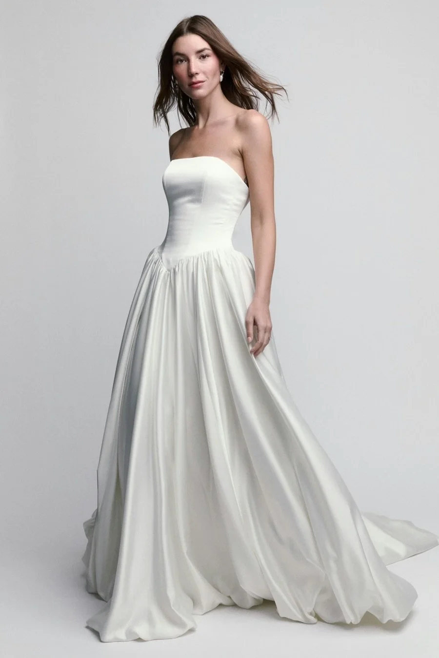 Simple Drop Basque Waist Satin Wedding Gown with Pearl Shoulder Drape