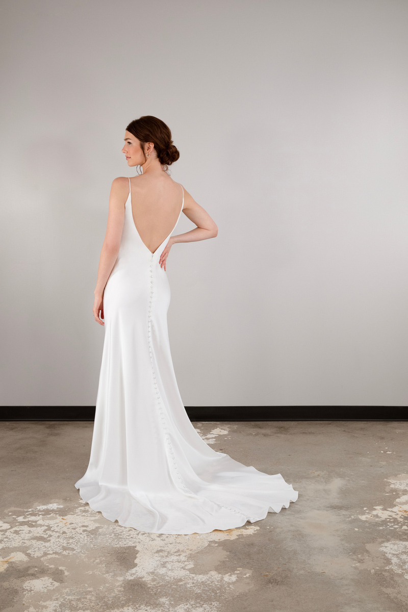 Essense of Australia D3981ZZ spaghetti strap charmeuse column wedding dress with scoop neckline and low back