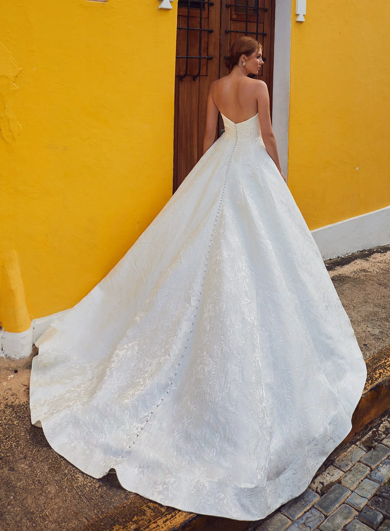 L'amour Valora LA23112 strapless sweetheart satin ballgown wedding dress with full skirt and sweep train