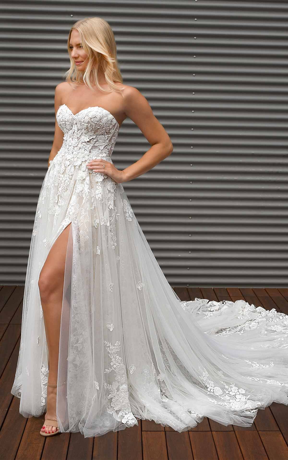 Martina Liana 1419 off-the-shoulder sweetheart lace A-line wedding dress with beaded details and detachable sleeves in Ivory