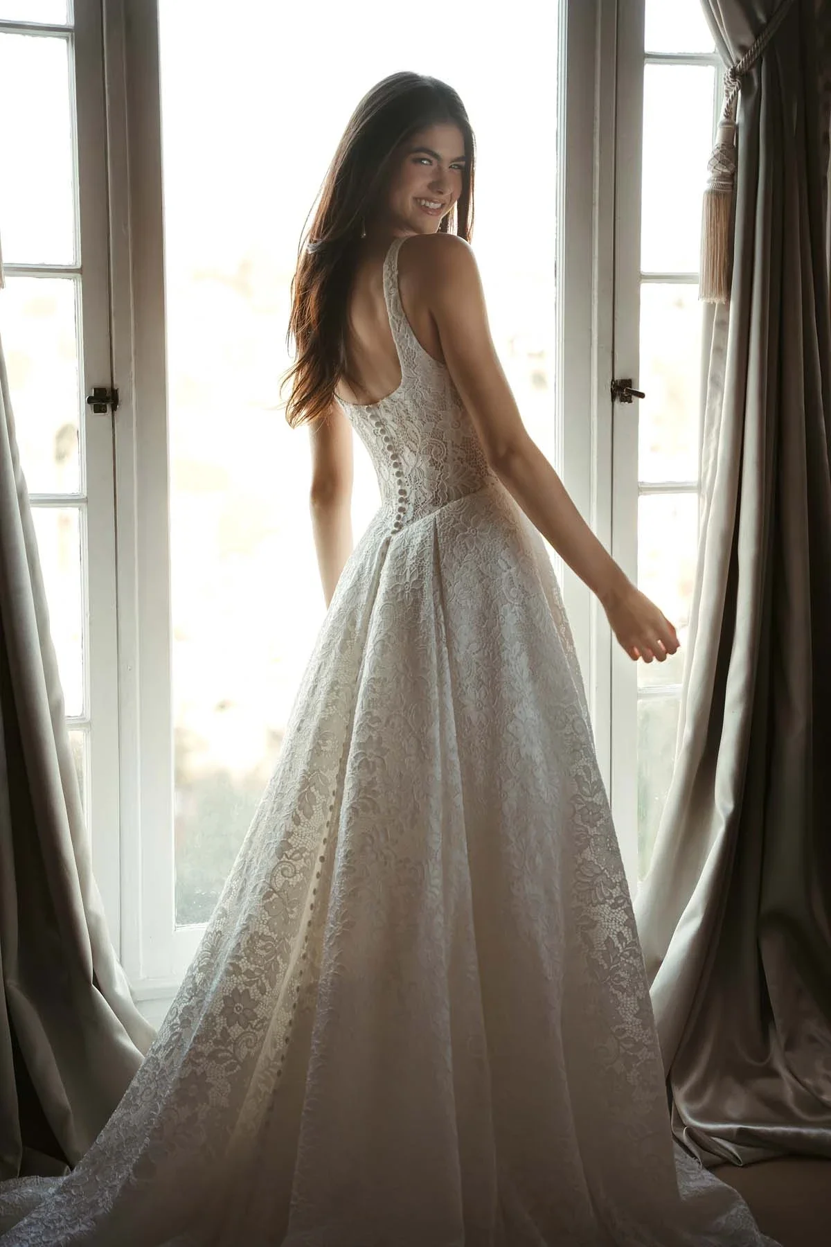 Square Neckline Allover Lace A-Line Wedding Gown with Corset Bodice