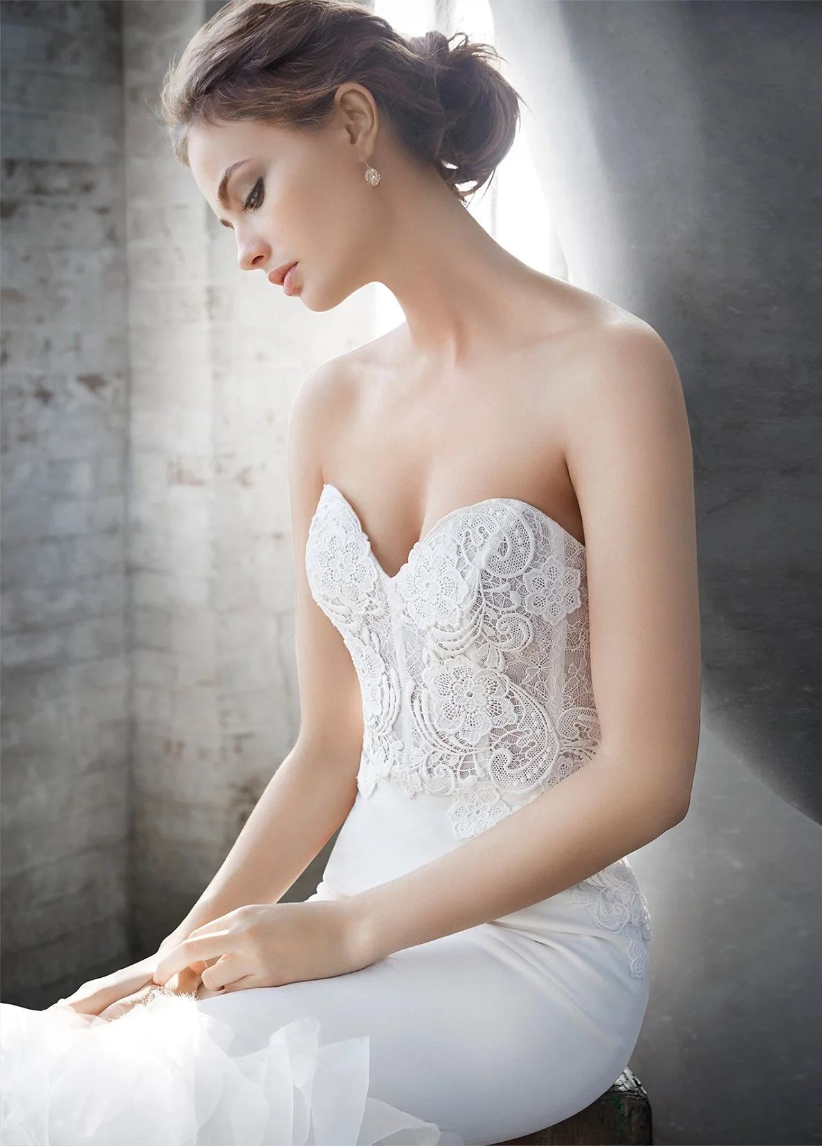 Lazaro 3610 Trumpet wedding gown with Strapless neckline in Crepe, bridal sample size 10 available at Olive and Ivory Bride Sacramento