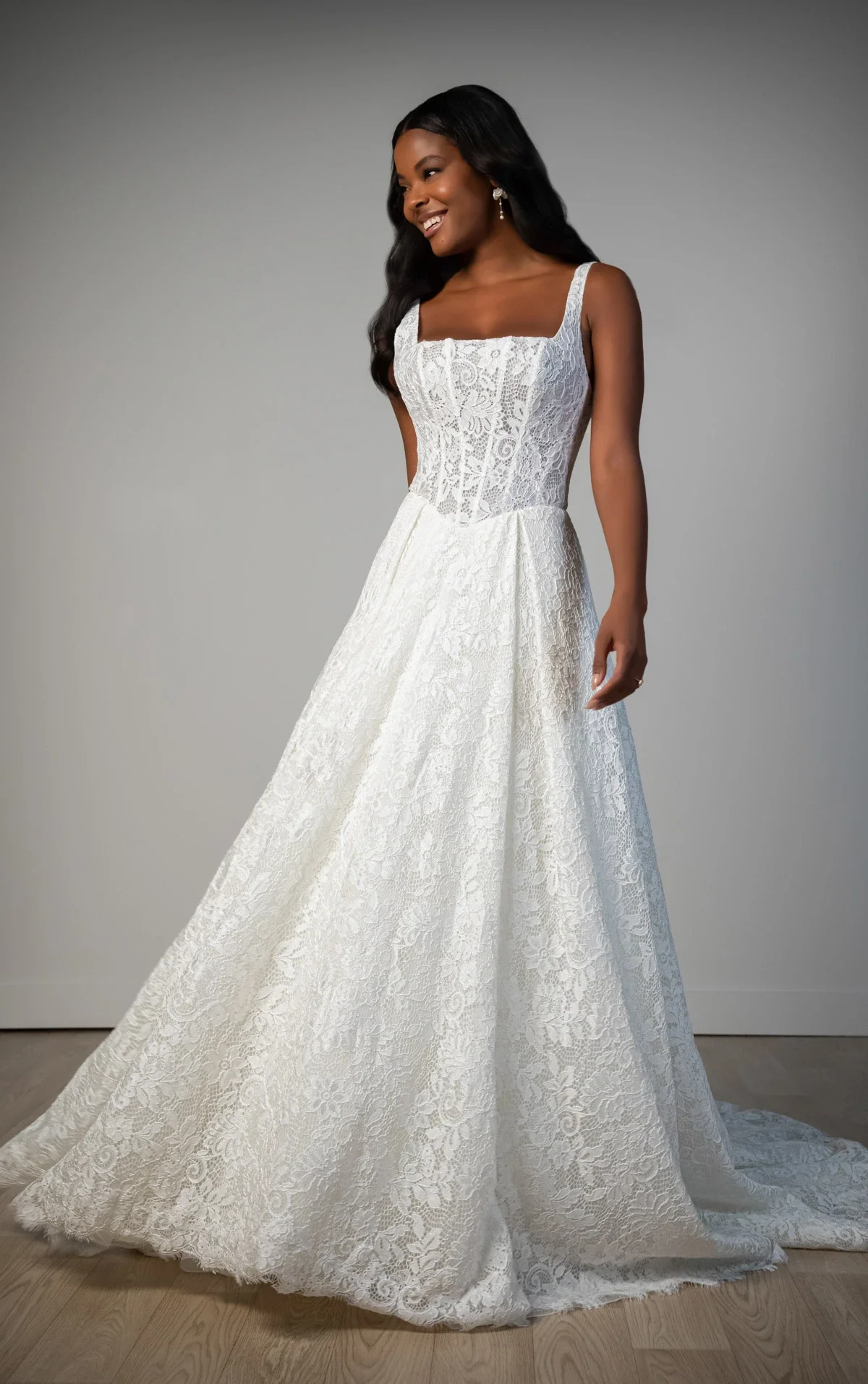 Square Neckline Allover Lace A-Line Wedding Gown with Corset Bodice