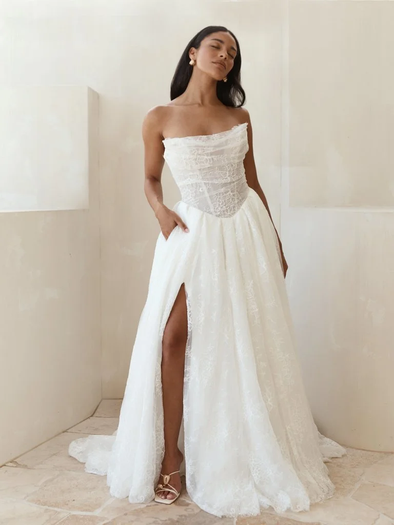Serene Lilac plus size A-line wedding dress with strapless straight neckline, Basque waist, Chantilly lace, and detachable illusion sleeves