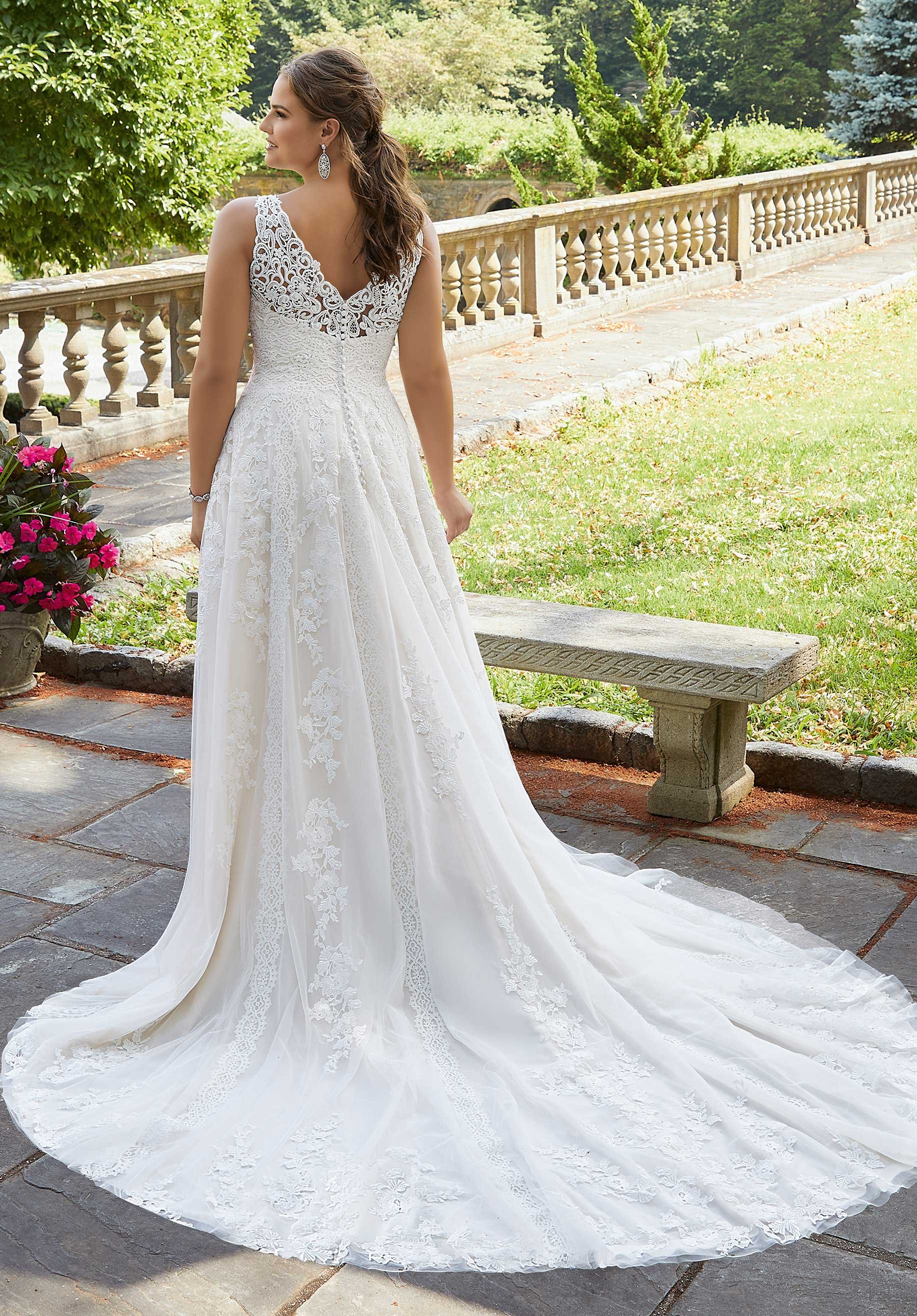 Mori Lee Julietta Siobhan ball gown wedding dress with Venice lace appliques and sheer back