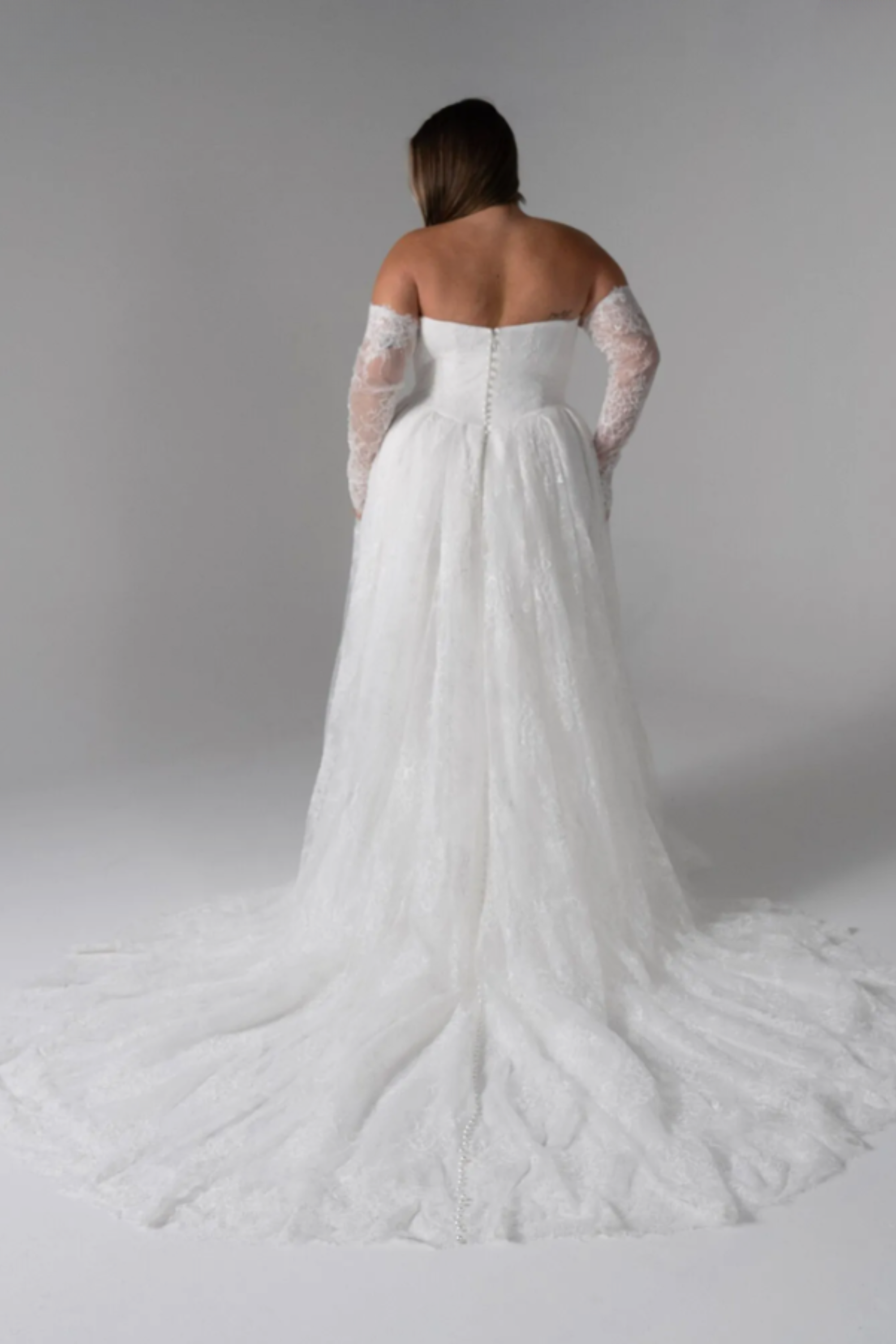 Serene Lilac plus size A-line wedding dress with strapless straight neckline, Basque waist, Chantilly lace, and detachable illusion sleeves