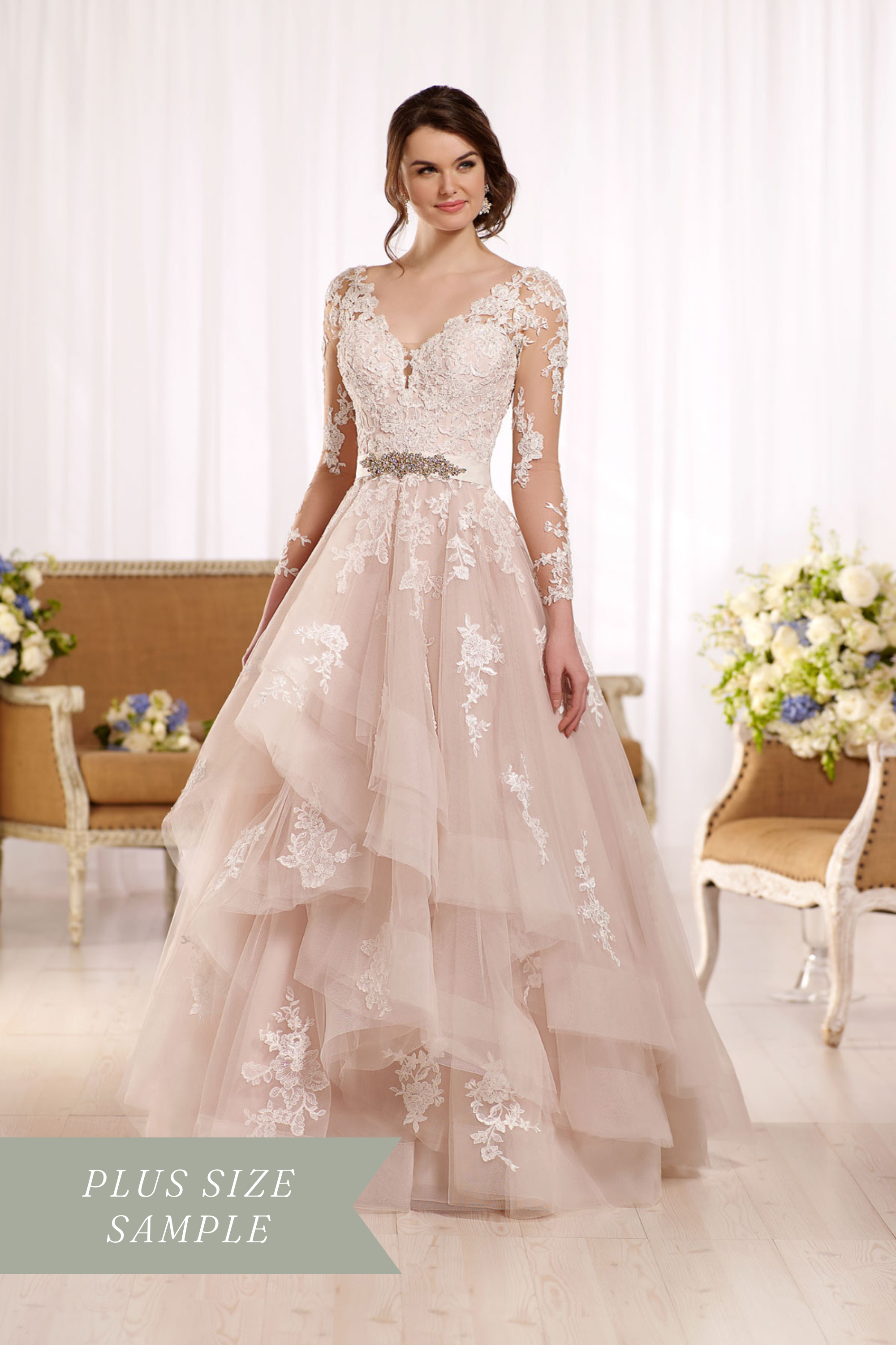 Plus Size Essense of Australia D2186SD long sleeve illusion lace wedding dress with deep V-neckline