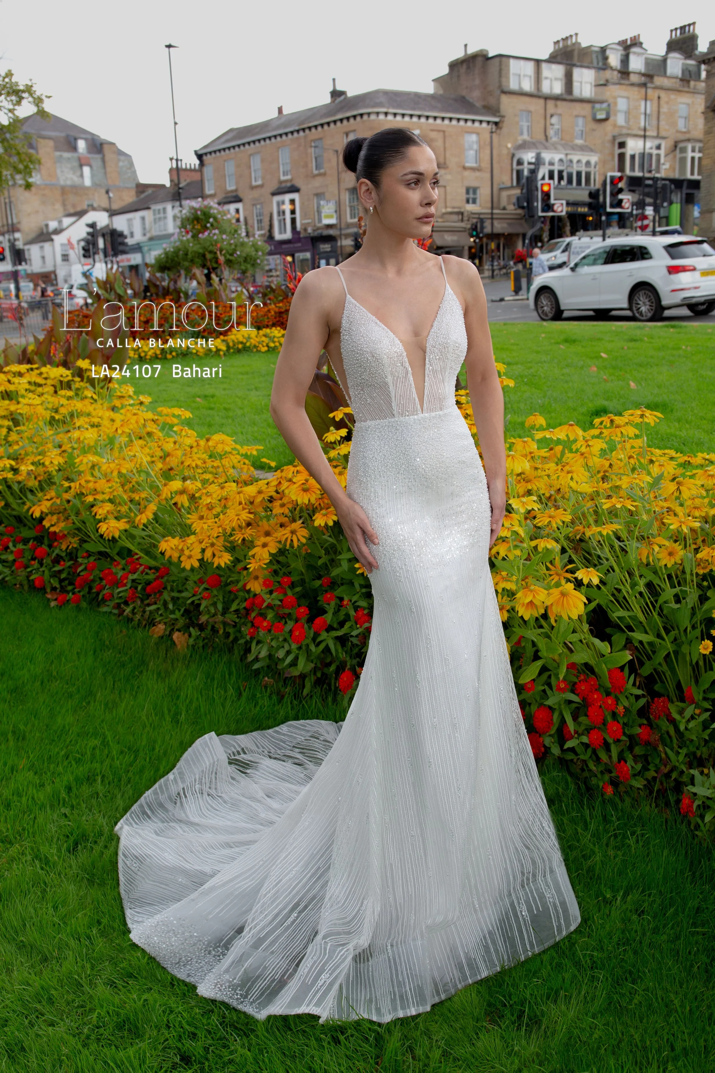 L'amour Bahari LA24107 sparkly beaded lace sheath wedding dress with plunging V-neckline