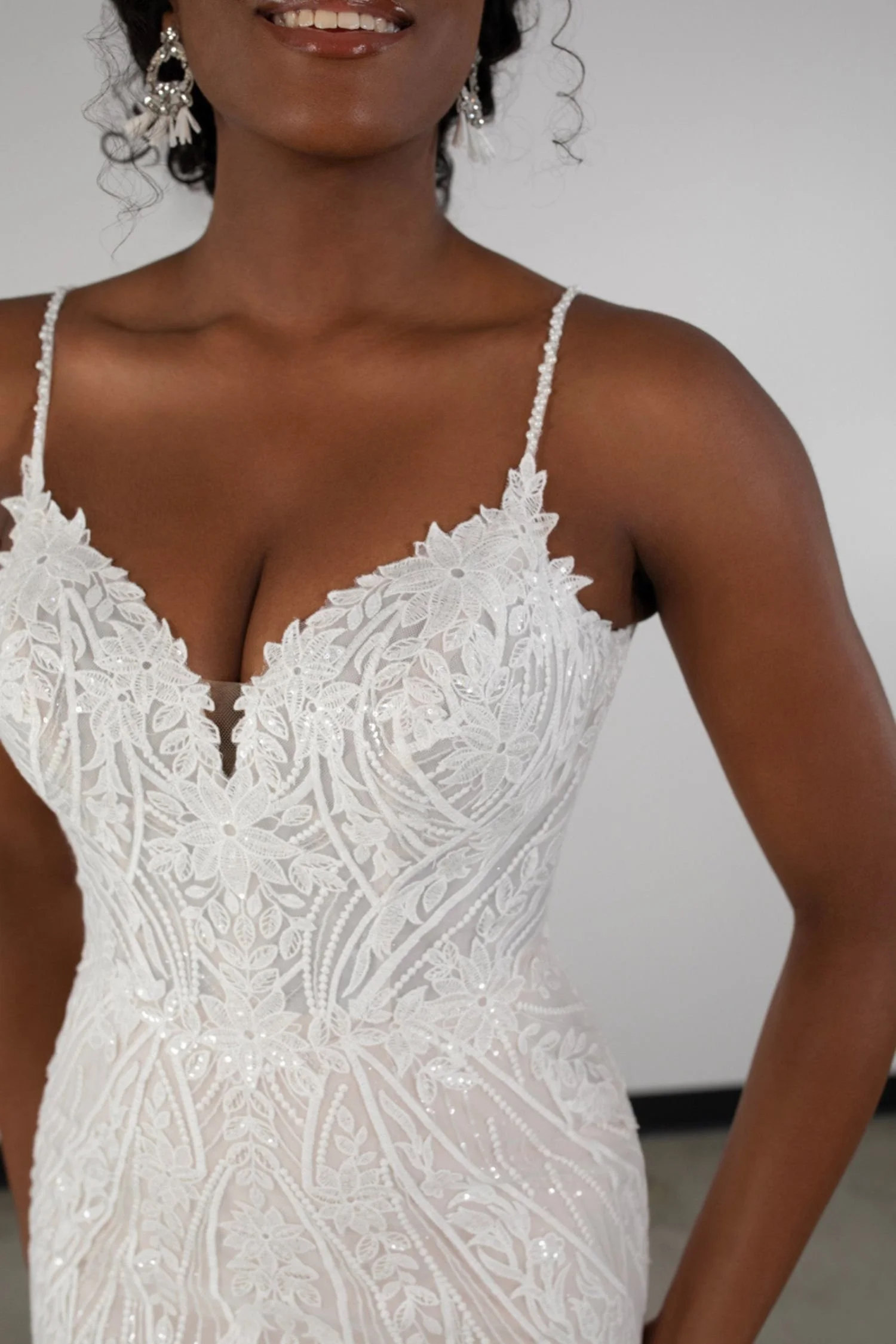 Beaded Fit and Flare Plus Size Wedding Dress with Spaghetti Straps
