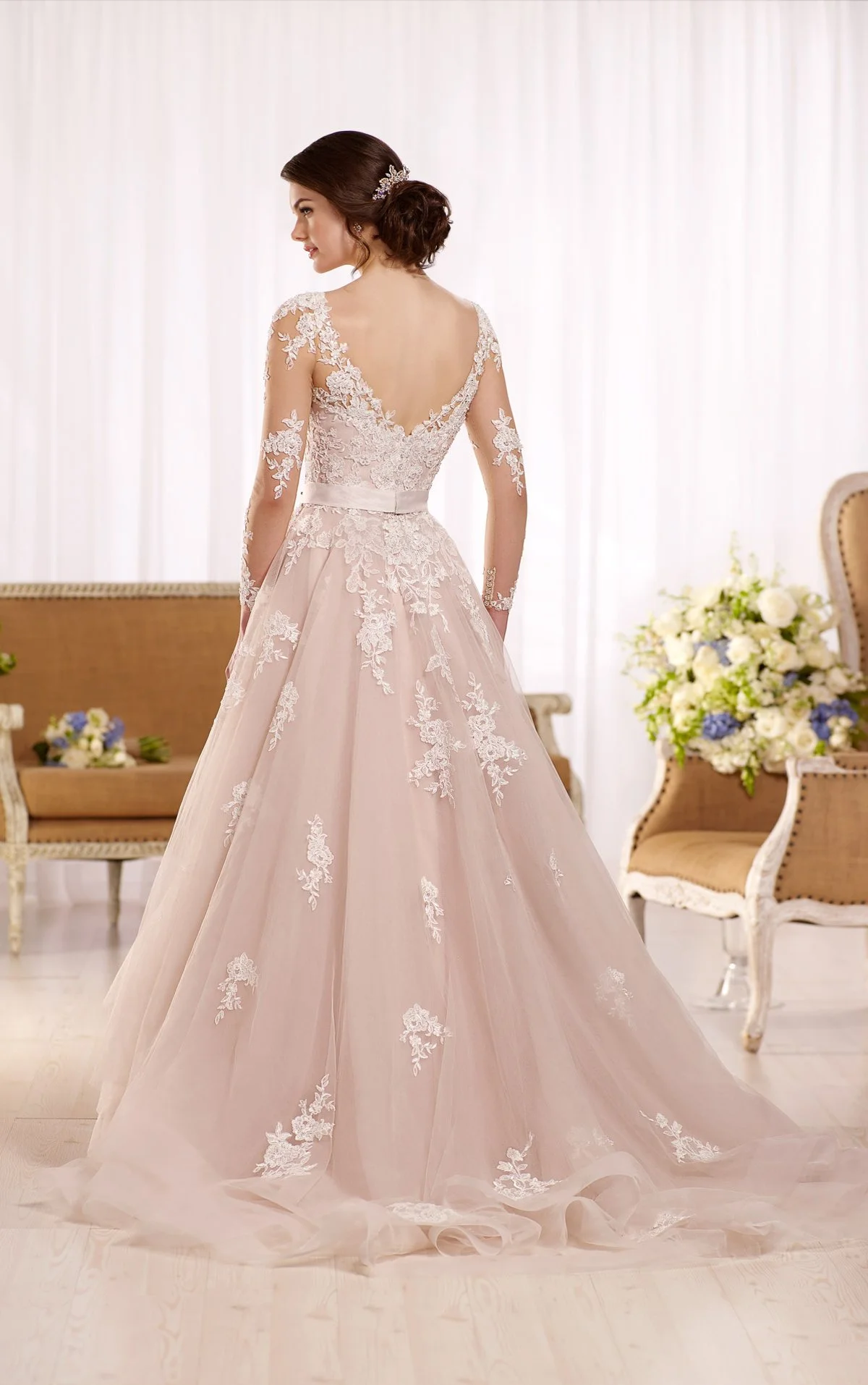 Plus Size Essense of Australia D2186SD long sleeve illusion lace wedding dress with deep V-neckline