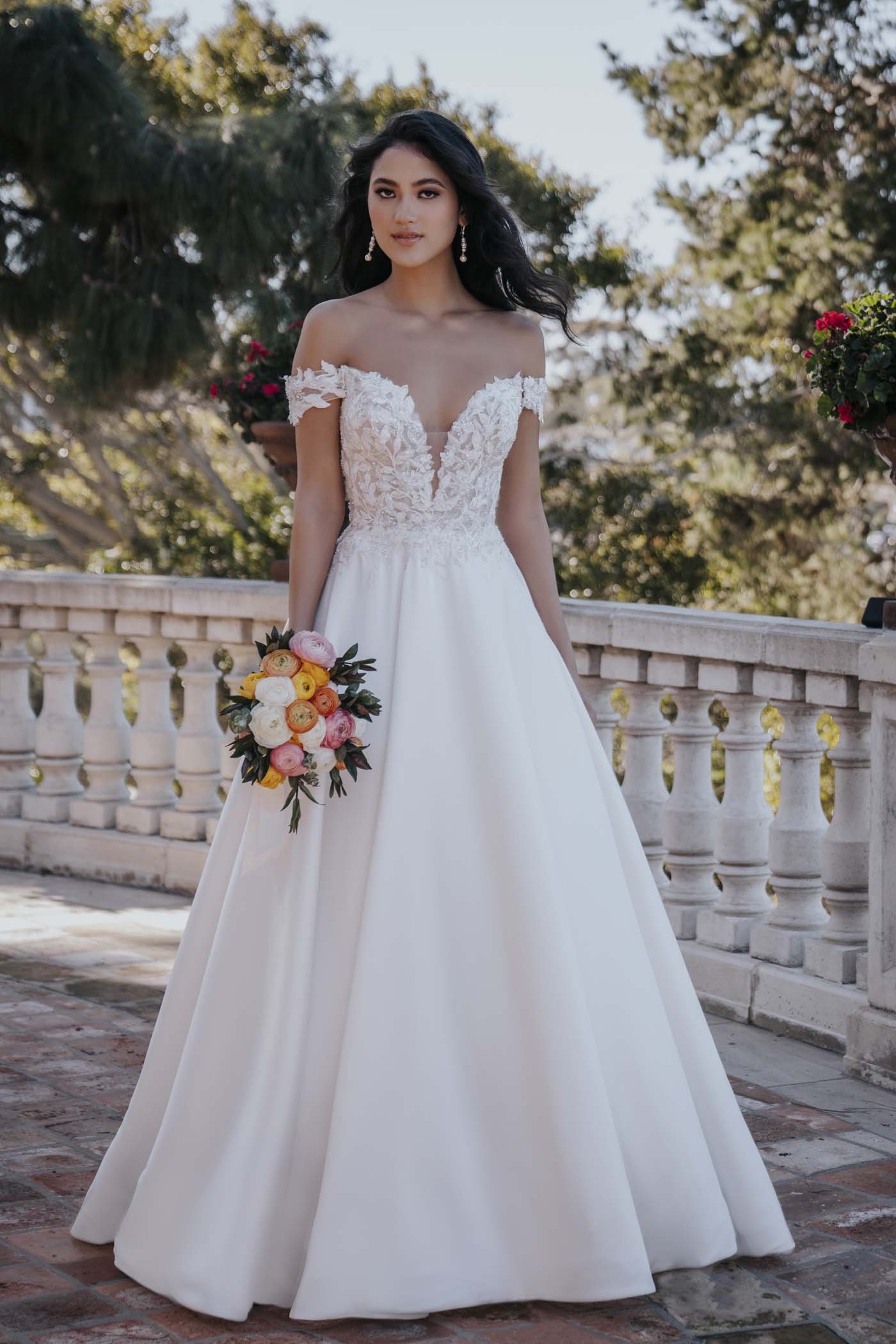 Off-the-Shoulder Mikado Ballgown Wedding Dress with Beaded Lace Detail