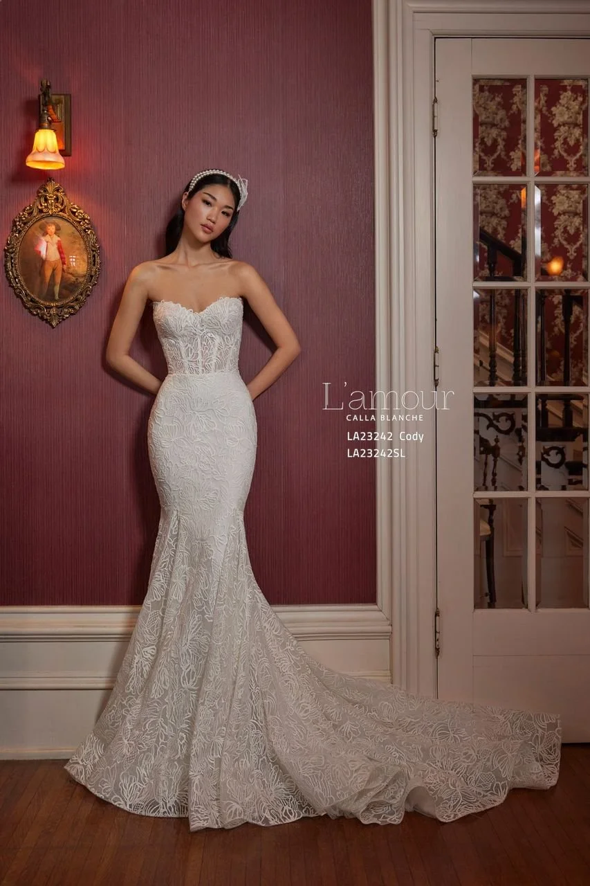 L'amour Cody LA23242 strapless mermaid floral lace wedding dress with long gloves and shaped train