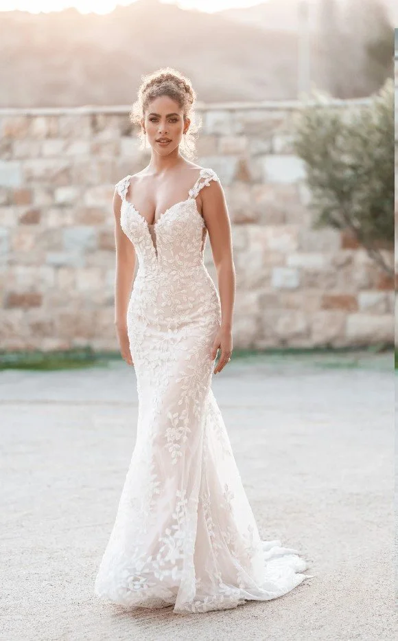 Allure Bridals A1266 beaded sequined lace applique strapless sheath wedding dress with crystal button back