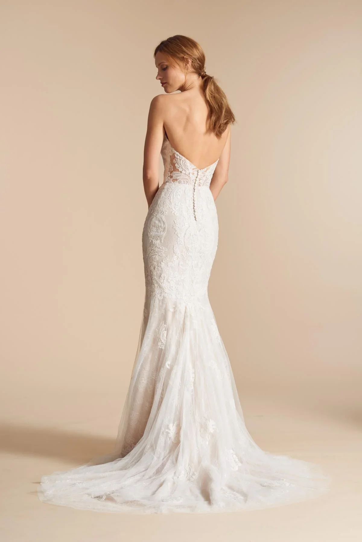 Ti Adora Naomi 7804 classic sheath wedding dress with delicate lace accents and clean, streamlined silhouette