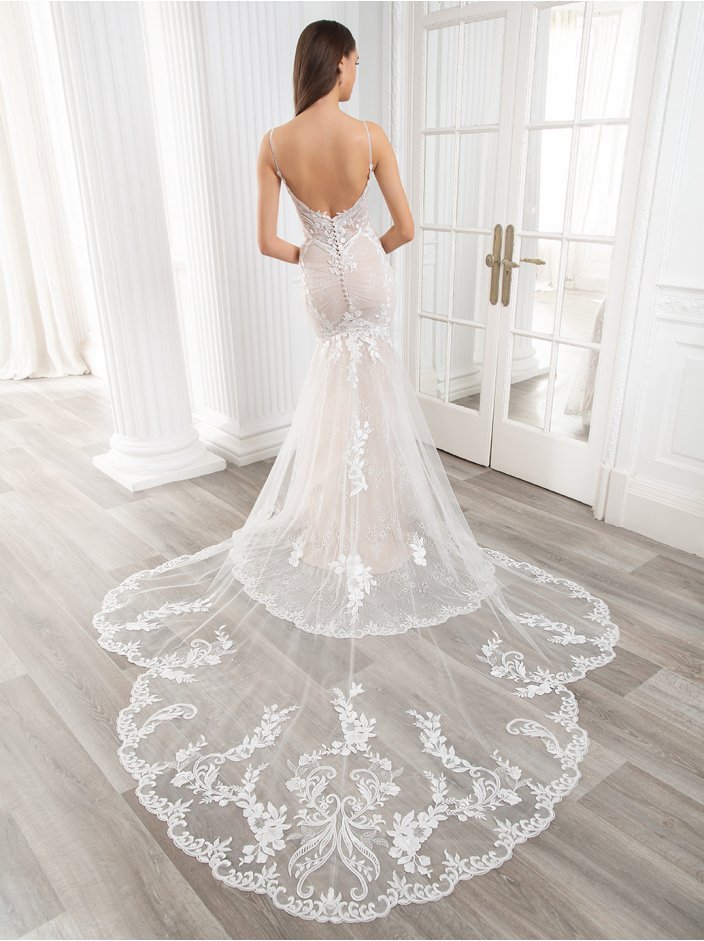 Enzoani Blue Calie lace fit and flare wedding gown with embroidered detailing