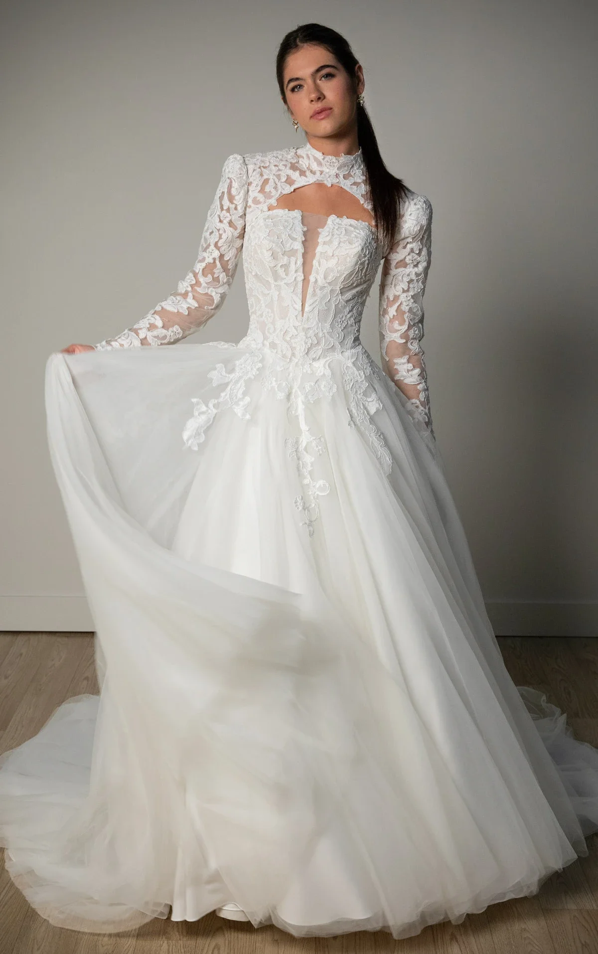 Lace and Tulle A-Line Wedding Gown with Plunge Neckline and Removable High-Neck Topper