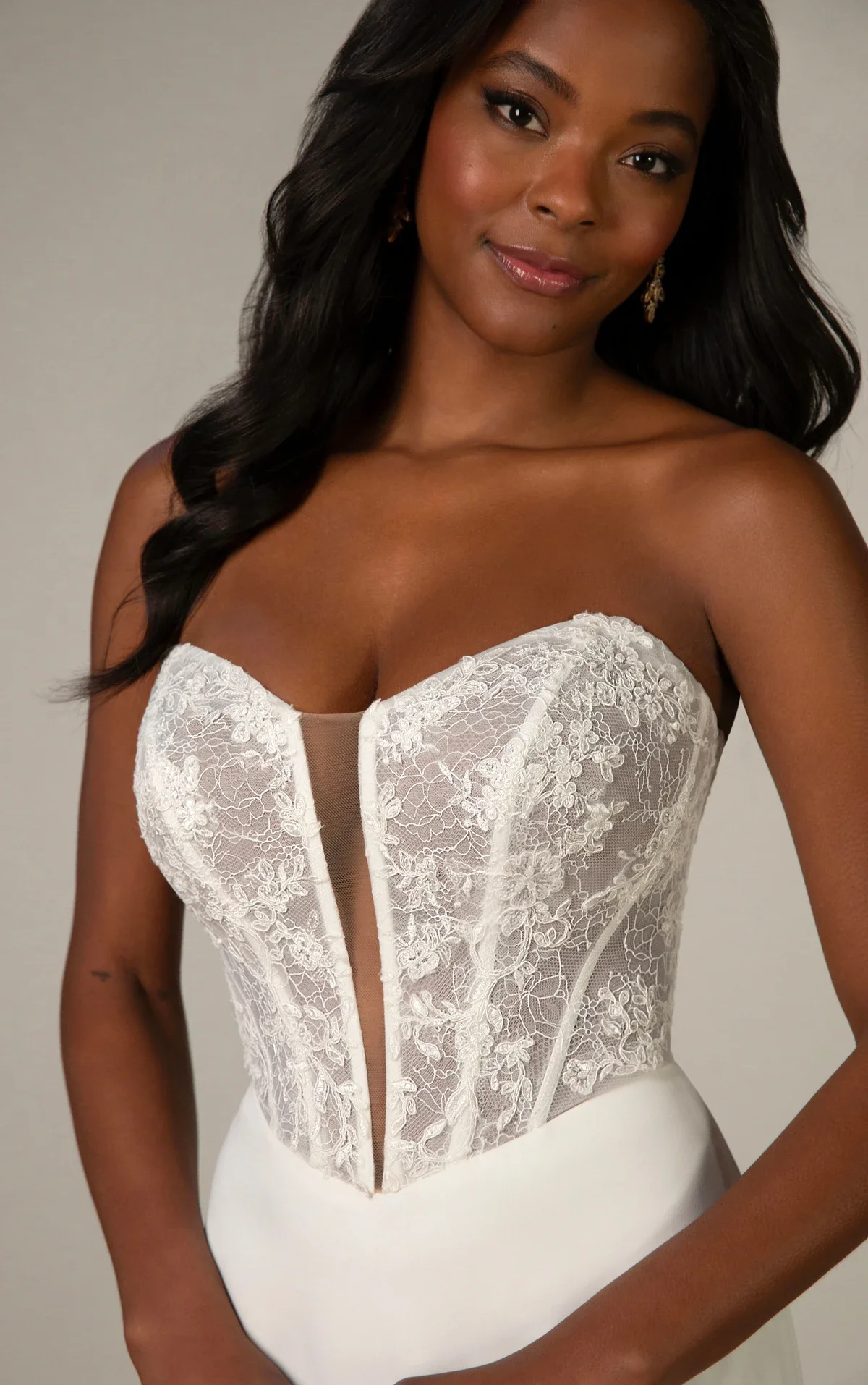 Sexy Strapless Lace and Crepe Column Wedding Dress with Plunging Neckline