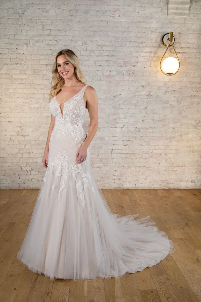 Stella York 7696IV 3D floral lace spaghetti strap plunging V-neck fit and flare wedding gown with tulle bow back