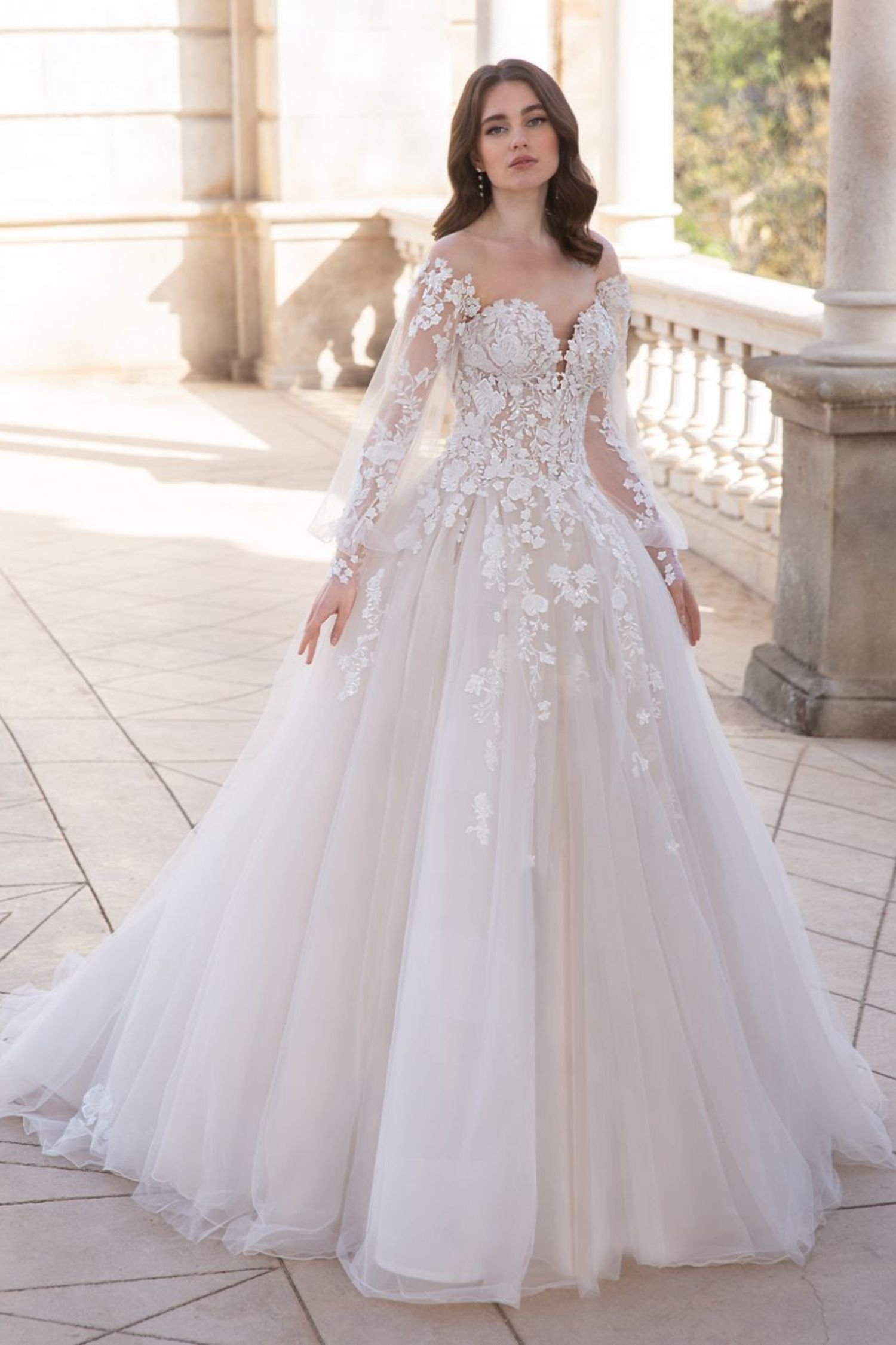 Lace Tulle Ballgown Wedding Dress with Long Sleeves