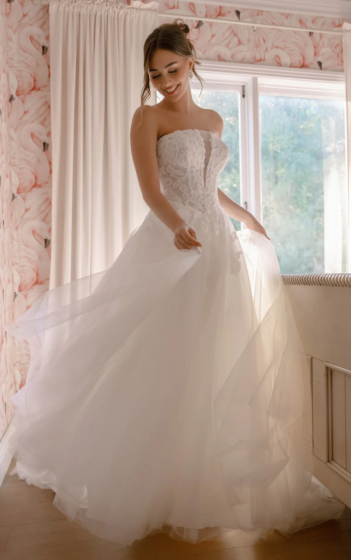Lace and Tulle A-Line Wedding Gown with Plunge Neckline and Removable High-Neck Topper